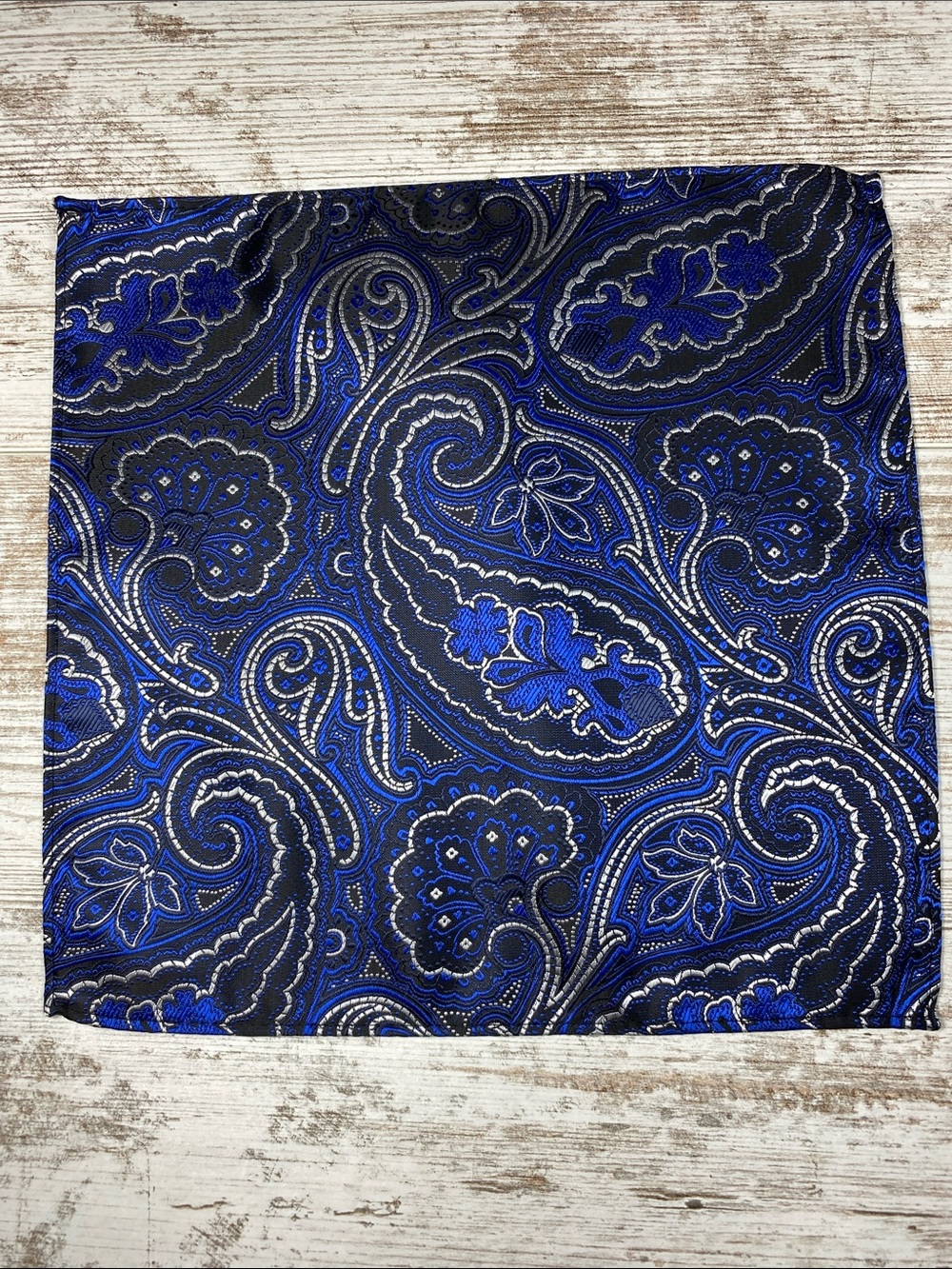 Blue Black Silver Paisley Pocket Square Classic Men’s Silk Blend Hanky